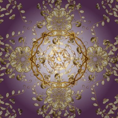 Tarafsız ve mor renklerde, altın elementlerle kusursuz klasik desen. Noel, kar tanesi, yeni yıl 2019.