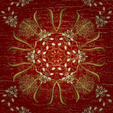 Kırmızı ve kahverengi renklerde altın desenli altın elementler. Süslü vektör dekorasyonu. Barok tarzında duvar kağıdı tasarımı için kusursuz damaske deseni arkaplanı.