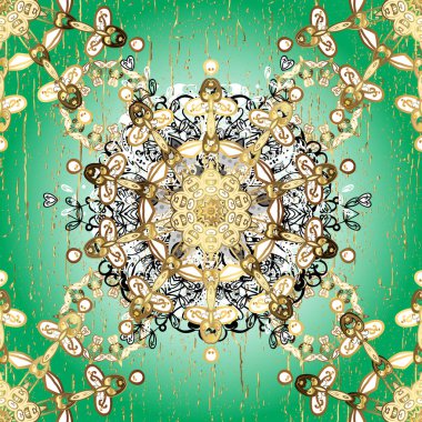 Yeşil ve beyaz renklerde altın desenli altın elementler. Vektör altın pürüzsüz desen. Arkaplan, kumaş, altın duvar kağıdı. Düz elle çizilmiş vintage koleksiyonu.