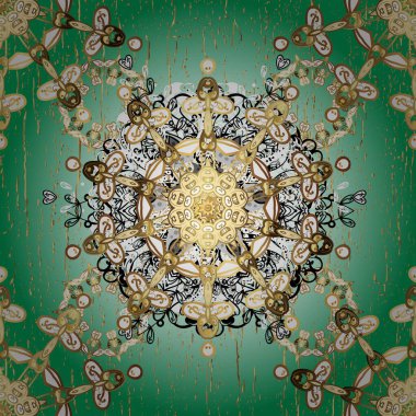 Doğu tarzı arabesk tarzında altın elementler. Yeşil ve beyaz renklerde kusursuz desen. Vektör altın pürüzsüz desen. Kusursuz altın desenli bukleler..