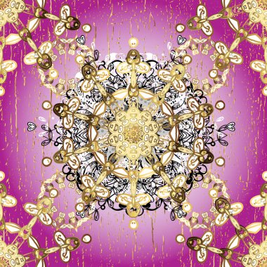 El yapımı dekoratif çerçeve, albüm kapağı, tebrik kartı, klasik Art deco tarzı. Altın karalama fantezi yapraklarından vektör soyut çiçek çelengi ve nötr ve mor renkte çiçek.