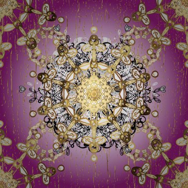 Tarafsız ve mor renklerde, altın elementlerle kusursuz klasik desen. Tarafsız ve mor renklerde altın rengi ve altın elementler. Noel, kar tanesi, yeni yıl.