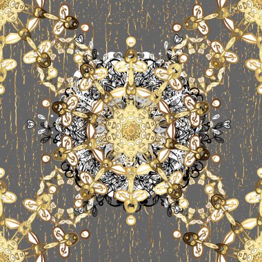 Çiçek desenli altın metal. Altın elementli gri ve beyaz renkler. Kusursuz altın desen. Vektör altın çiçek süsü brokar kumaş ve cam desen.