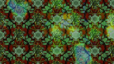 Raster çiçek desenleri çiziyor. Vadinin çiçekleri yeşil, kahverengi ve gri renklerde.