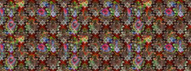 Çiçek desenli çizim. Renkli Bahar Teması eskiz kalıbı. Düz Çiçek Elementleri Tasarımı. Güzel kumaş deseni. Asya tekstil tarzında. Raster illüstrasyonu.