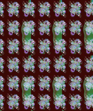 Raster deseni. Bahar çiçekleri dallı desen, kahverengi ve çiçek siluetiyle yeşil renkler.