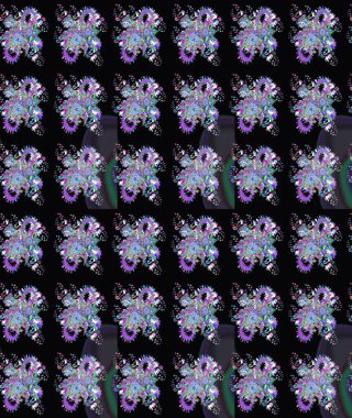 Düz Çiçek Elementleri Tasarımı. Renkli Bahar Teması eskiz kalıbı. Raster Modaya uygun kumaş deseni. Siyah ve mavi renkli şirin çiçek deseni.