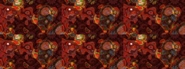 Kahverengi ve kırmızı renklerde bahar çiçekleri. Raster illüstrasyonu. Yaprak ve çiçeklerin suluboya resmi, kahverengi ve kırmızı renklerin çizim şekli.