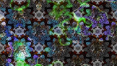 Kumaş, tekstil, duvar kağıdı baskısı için. Renkli desenli eskiz deseni, siyah ve gri çiçekler ve dekoratif elementler. Eskiz geçmişi. Raster illüstrasyonu. Antika retro tarzı.