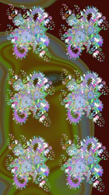 Kahverengi ve yeşil, zarif küçük çiçekler ve kahverengi ve yeşil renkli komik böcekler, raster desen, illüstrasyon.