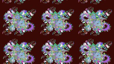 Raster illustration. Floral wallpaper. Indian ornament. On brown and blue colors. Colorful ornamental border. Sketch pattern.