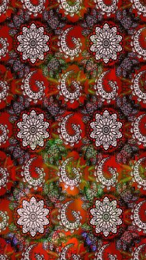 Kahverengi ve kırmızı renkte çiçekler. Raster illüstrasyonu. Raster illüstrasyonu. Çiçek desenli çizim. Asya tekstil tarzında.