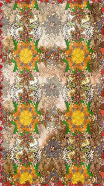 Parlak renkli çiçekleri ve bej ve kahverengi renkte yaprakları olan harika bir çiçek deseni. Moda baskıları için zarif bir şablon. Halk tarzı. Modern çiçek arkaplanı.