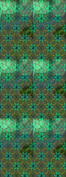 Raster illüstrasyonu. Eskiz arkaplan modeli. Yeşil ve mavi renkli yapraklı yabani çiçekler. Suluboya, elle çizilmiş.