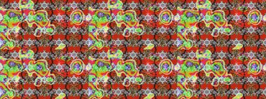 Çocuksu tasarım. Kırmızı ve gri arka planda. Elle çizilmiş çiçek desenli Raster çizimi. Tekstil, kumaş, ambalaj, hatıra defteri için güzel çiçek arkaplanı..