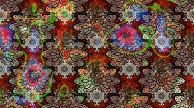 Asya tekstil tarzında. Düz Çiçek Elementleri Tasarımı. Çiçek desenli çizim. Raster illüstrasyonu. Renkli Bahar Teması eskiz kalıbı. Güzel kumaş deseni.