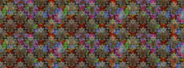 Modern çiçek arkaplanı. Parlak renkli çiçekleri ve gri ve kahverengi renkte yaprakları olan harika bir çiçek deseni. Halk tarzı. Moda baskıları için zarif bir şablon.