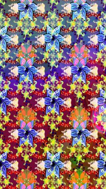 Çok mavi ve kırmızı zarif küçük çiçekler ve mavi ve kırmızı renkli komik böcekler, raster desen, illüstrasyon.