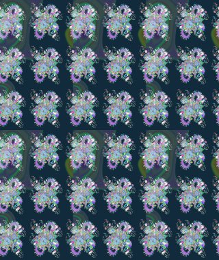 Mavi ve yeşil renkli çiçekler. Düz Çiçek Elementleri Tasarımı. Renkli Bahar Teması eskiz kalıbı. Raster illüstrasyonunda çiçek deseni çizimi.