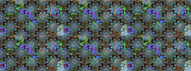 Patlayan çiçekler soyut olarak yerleştirilmiş. Raster illüstrasyonu. Raster deseni. Mavi ve yeşil renklerde bahar çiçekleri..