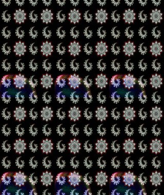 Siyah ve nötr renklerde parlak çiçekli halı deseni.