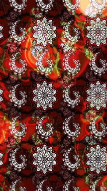 Moda baskıları için zarif bir şablon. Halk tarzı. Modern çiçek arkaplanı. Parlak renkli çiçekleri olan ve kahverengi ve siyah renkli yaprakları olan inanılmaz bir çiçek deseni..