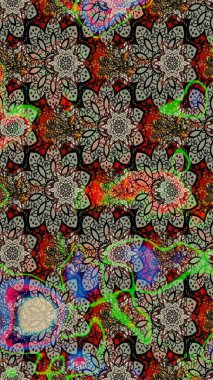 Çiçeksel elementlerle süslenmiş zarif raster dokusu. Küçük çiçekte hoş bir çiçek deseni var. Parlak çiçekli gri ve siyah renkler üzerine soyut çizim deseni.