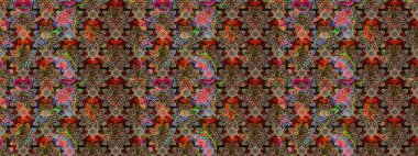 Raster illustration. In nice textile style on brown and beige colors. Floral sketch pattern with watercolor flowers.