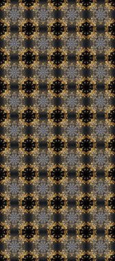 Raster altın tekstil baskısı. Çiçek kiremitleri. İslam tasarımı. Altın desenli sarı, turuncu ve bej renklerde altın elementler. Kusursuz desenli oryantal süs.