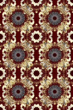Kırmızı, bej ve kahverengi renklerde altın elementlerle kusursuz desen. Kusursuz altın desen. Raster doğulu süsü.