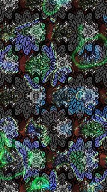 El çizimi çiçek çizimi deseni (fayans). Şirin çiçekli, desenli, siyah ve gri renkli bir eskiz deseni. Tekstil için suluboya çizim deseni.