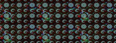 Tekstil tasarımı için siyah ve kahverengi renkli geleneksel halk çiçekleri buketi. Üzerinde gelincikler ve vadi zambakları olan renkli çiçek desenli nakış..