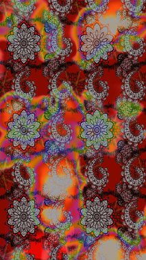 Kabile sanatı boho baskısı, klasik çiçek arkaplanı. Soyut etnik raster çizim kalıbı. Arkaplan dokusu, duvar kağıdı, kahverengi ve kırmızı renkli çiçek teması.