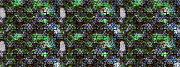 Sketch floral pattern with doodles flowers on gray and black colors. Raster illustration.