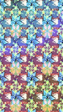 Düz Çiçek Elementleri Tasarımı. Renkli Bahar Temalı Kusursuz Arkaplan. Çiçeksel fantezi tasarımı. Parlak bir arka planda..