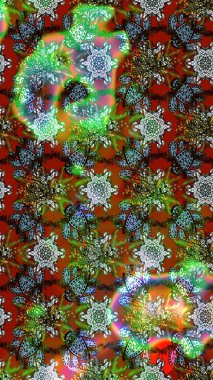 Yeşil ve kahverengi renkli Asya tekstili. Çiçek desenli çizim. Raster illüstrasyonu.