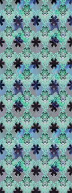 Raster illüstrasyonu. Raster illüstrasyonu. Çiçek desenli çizim. Mavi ve gri renkte çiçekler. Asya tekstil tarzında.