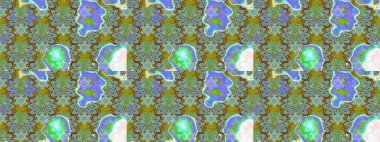 Yeşil ve mavi renkli bitkilerden oluşan parlak çiçekli çizim deseni.