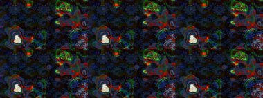 On black and blue colors. Raster illustration. 3d flowers, sketch.