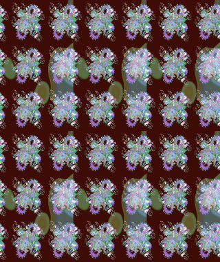 Moda baskısı, albüm, ambalaj kağıdı ve duvar kağıdı için zarif dekoratif süslemeler. Küçük çiçekli basit bir çiçek çizimi. Raster illüstrasyonu. Kahverengi ve yeşil renkli şirin çiçekler..