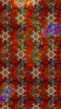 Raster Çiçek İllüstrasyonu 'nun şirin tekstili. Kahverengi ve kırmızı renkte etnik çiçeklerle süslenmiş zarif bir eskiz..