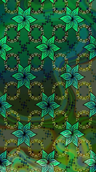 Renkli Bahar Teması eskiz kalıbı. Yeşil ve mavi renkte çiçekler. Sevimli çiçek raster deseni. Düz Çiçek Elementleri Tasarımı.