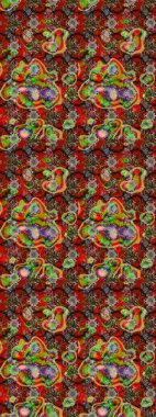 Raster Floral Illustration, Asyalı tekstil. Kırmızı ve kahverengi renkli etnik çiçeklerle zarif bir eskiz deseni..