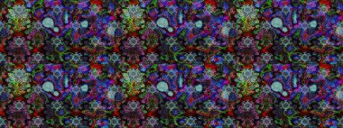 Çiçeksel elementlerle süslenmiş zarif raster dokusu. Küçük çiçekte hoş bir çiçek deseni var. Parlak çiçekli siyah ve mavi renkler üzerine soyut çizim deseni.
