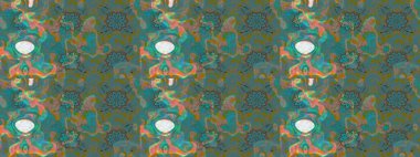 Raster illüstrasyonu. Yeşil ve mavi renkte çiçekler. Asya tekstil tarzında. Raster illüstrasyonu. Çiçek desenini çiz.