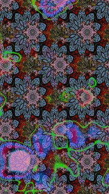 Eski moda arka plan. Raster illüstrasyonu. Çiçek çelengi. Desen, çizim, çiçek sınırı. Güzel, parlak, pürüzsüz kumaş, tuval. Kıvırcık, parlak örgü.