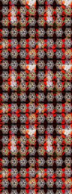 Kumaş, tekstil, duvar kağıdı baskısı için. Eski usul. Raster illüstrasyonu. Renkli desenli eskiz deseni, kahverengi ve siyah çiçekler ve dekoratif elementler. Taslak arkaplan.