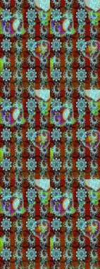 Tekstil için suluboya eskiz deseni. El çizimi çiçek çizimi deseni (fayans). Şirin çiçekler, desenli, kahverengi ve mavi renklerde renkli çizim deseni.