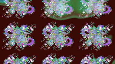 Raster deseni. Bahar çiçekleri dallı desen, kahverengi ve çiçek siluetiyle yeşil renkler.