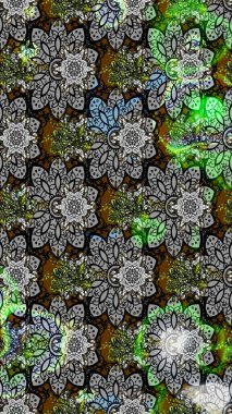 El çizimi çiçek unsurları olan soyut çizim raster deseni. Gri ve siyah üzerine gri ve siyah. Retro tekstil tasarım koleksiyonu. Çiçekli ipek eşarp. 1950 'ler-1960' lar motifleri.